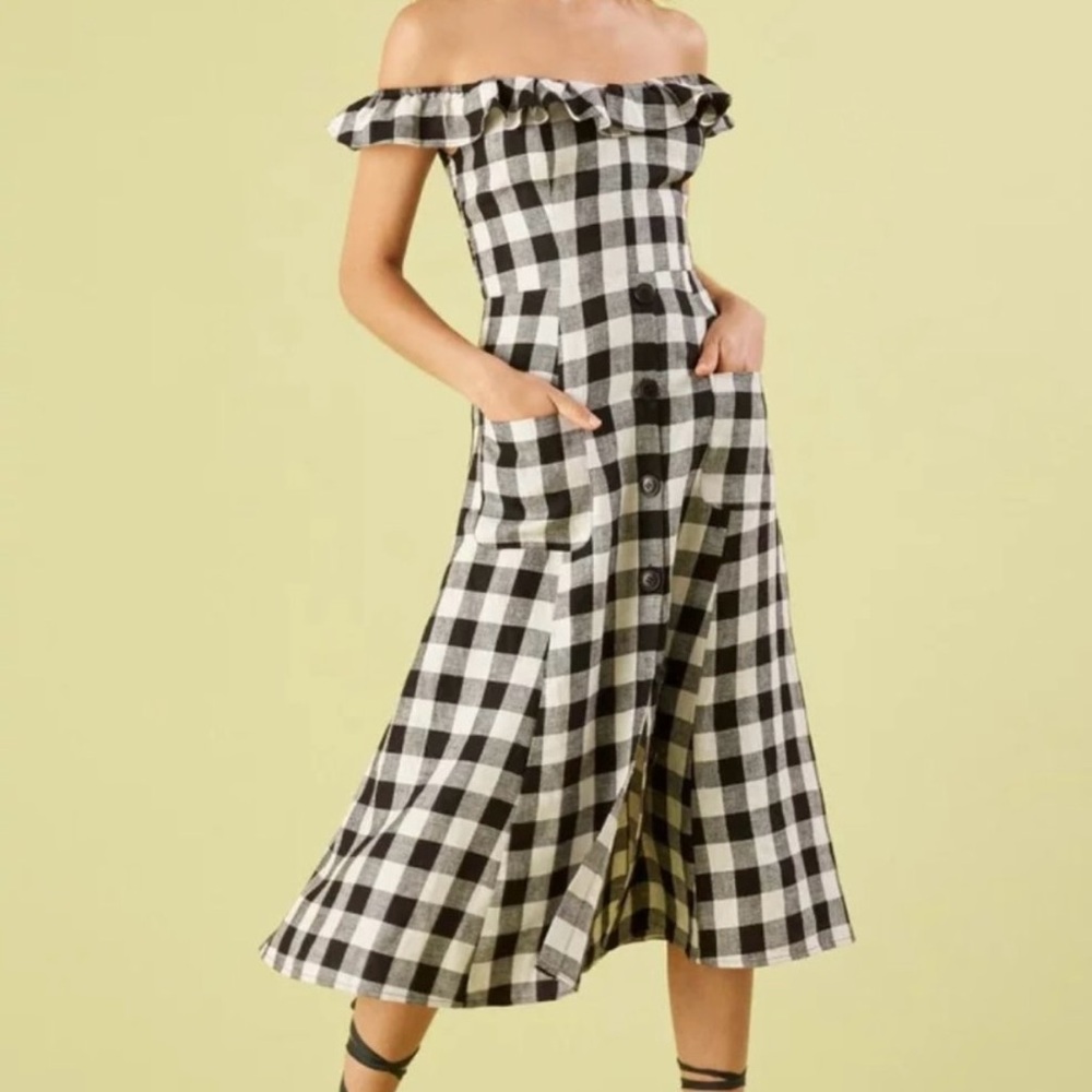 Reformation Black and White Gingham Off-Shoulder Midi Dress